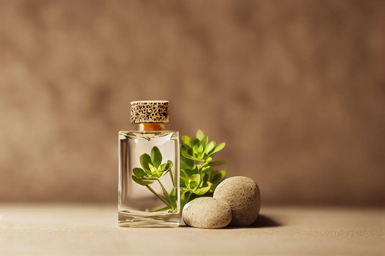 Mockup Design Of Perfume Bottle With Plant Branch On Empty Blank And Copy Space Wallpaper Bottle | AR Webcrafts